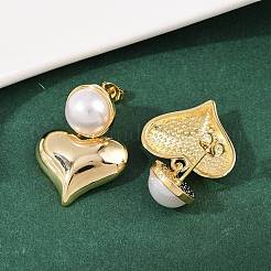 Brass ABS Plastic Pearl Heart Dangle Stud Earrings&nbsp;EJEW-L275-13G-02