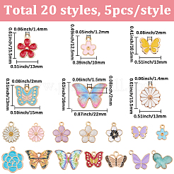 100個20スタイルアロイエナメルチャーム  蝶＆花  ライトゴールド  ミックスカラー  10.5~21x10~22x1.5~3mm  穴：1.4~3mm  5個/スタイル&nbsp;ENAM-BM0001-04