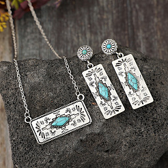Western Aztec Alloy & Synthetic Turquoise Stud Earrings & Pendant Necklaces Sets&nbsp;FS-WGDC47F-01