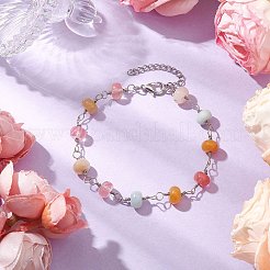 Faceted Rondelle Natural Topaz Jade & Natural Flower Amazonite & Cherry Quartz Glass Link Chain Bracelets&nbsp;BJEW-JB10832