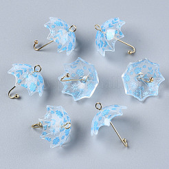印刷されたアクリルパーツ  ゴールデンメッキ真鍮パーツ  花柄の3d傘  ライトスカイブルー  22~24x18x18mm  穴：1.2~1.8mm&nbsp;KY-S163-397D