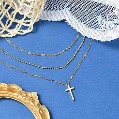 女性用クロス 304 ステンレス ペンダント ネックレス  3層チェーンネックレス  ゴールドカラー  15.98インチ（40.6cm）&nbsp;NJEW-G157-07G