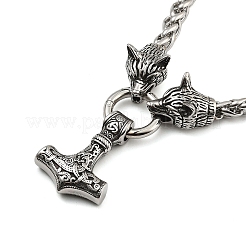 304 Stainless Steel Wolf Head King Wheat Chain Viking Mjolnir Thor Hammer Pendant Necklaces for Men&nbsp;NJEW-K278-05AS