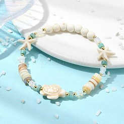 天然淡水貝殻、天然宝石、合成ターコイズ、非磁性ヘマタイトビーズを使用した女性用ストレッチブレスレット  カメとヒトデ  ミックスカラー  内径：2.32インチ（5.9cm）&nbsp;BJEW-JB13810