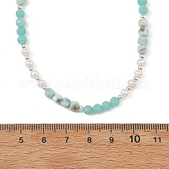 ファセットカットされたラウンド型の天然ラリマーとパールのビーズネックレス  ステンレス鋼色  15.75インチ（40cm）&nbsp;NJEW-JN06409-01