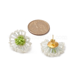 シードビーズフラワースタッドピアス  女性のための真鍮のアクセサリー  ゴールドカラー  グリーン  27mm  ピン：0.8mm&nbsp;EJEW-TA00198