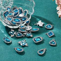 40個8スタイルのプラチナメッキ合金ガラスペンダントセット  クリスタルラインストーンチャーム  ひし形＆八角形＆ティアドロップ＆ハート＆レクタングルチャーム  アクアマリン  18.5~23.5x14~22.5x5~6mm  穴：1.8~2.2mm  5個/スタイル&nbsp;ALRI-PH0001-27B