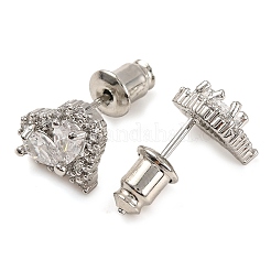 キュービックジルコニアハートスタッドピアス  女性のためのラックメッキ真鍮ジュエリー  プラチナ  透明  9.5x11mm&nbsp;EJEW-I304-17P-01