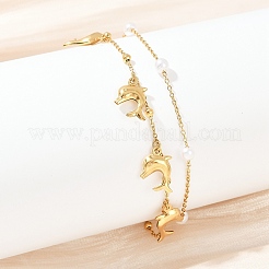 304 Stainless Steel with Acrylic Bead Double Layer Dolphin Charm Anklets for Women&nbsp;AJEW-G069-01G
