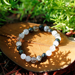 Natural Tourmalinated Quartz & Moonstone & Glass Round Beads Strertch Bracelets for Women Men&nbsp;NE6607