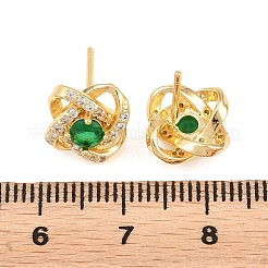 真鍮製 マイクロパヴェ キュービックジルコニア スタッドピアス 女性用  花  カドミウムフリー＆鉛フリー  長持ちメッキ  ラックめっき  18KGP本金メッキ  グリーン  10x10mm&nbsp;KK-A305-10G-02