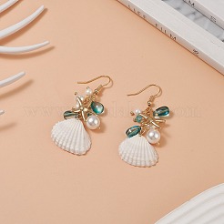 Shell Pearl & Glass & Starfish Cluster Dangle Earrings&nbsp;EJEW-TA00208