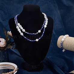 3 個の天然シェル & プラスチック パール フラワー & ガラス ビーズ ネックレスとストレッチ ブレスレット セット  女性のためのジュエリーセット  ブルー  15-3/8~18-1/4インチ（39~46.5cm）  内径：2インチ（5.3cm）&nbsp;SJEW-SW00010-03
