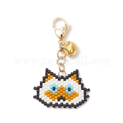 手作りガラスシードビーズ猫の頭の形ペンダント装飾  合金製のロブスタークロウ留め金とベルチャーム付き  ペルー  46.5mm&nbsp;HJEW-MZ00366-02