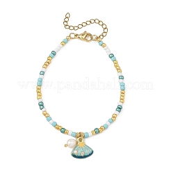Ocean Natural Pearl and Alloy Crystal Rhinestone Enamel Shell Shape Charm Bracelets&nbsp;BJEW-JB14256