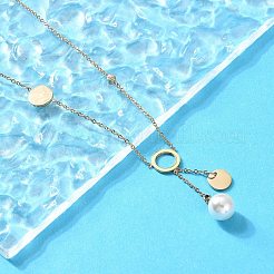 304ステンレススチールクリスタルラインストーンラウンドディスクペンダントネックレス  女性用プラスチック模造真珠付き  イオンプレーティング（ip）  ゴールドカラー  15.75インチ（40cm）&nbsp;NJEW-A045-03G
