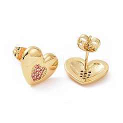 ピンクキュービックジルコニアハートスタッドピアス  女性のための真鍮のアクセサリー  18KGP本金メッキ  11x13mm  ピン：0.8mm&nbsp;EJEW-C008-15G