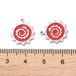 304ステンレススチールレッドエナメルペンダント  太陽のチャーム  ステンレス鋼色  16x14x1.5mm  穴：1mm&nbsp;STAS-M102-66P
