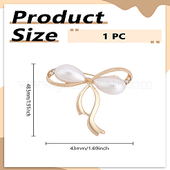女性用蝶結び合金ラインストーンブローチ1個  模造パールと  ライトゴールド  48.5x43mm&nbsp;JEWB-LP0010-19KCG