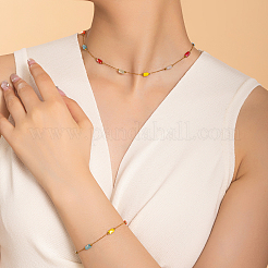 201ステンレススチールガラス長方形リンクチェーンブレスレット＆ネックレスセット（女性用）  カラフル&nbsp;KG0137
