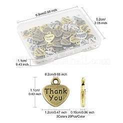 60個3色チベット風合金チャーム  thank you文字のハート  ミックスカラー  11x12mm  20個/カラー&nbsp;FIND-FS0004-52