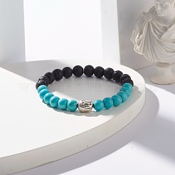 Round Synthetic Turquoise & Natural Lava Rock Stretch Bracelet&nbsp;BJEW-JB07470-01