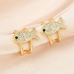 Fish Brass Micro Pave Clear Cubic Zirconia Cuff Earrings&nbsp;EJEW-D338-01G