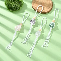 天然石マクラメポーチペンダント装飾  鉄のリングと木のビーズ付き  ナイロン糸の吊り下げ装飾  17.2cm&nbsp;HJEW-JM01295