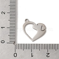 変色しない201ステンレススチールペンダント  レーザー切断  犬のチャーム付きハート  ステンレス鋼色  13x15x1mm  穴：1.5mm&nbsp;STAS-E211-09P