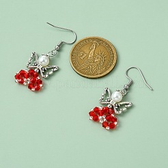 ガラスダングルピアス  合金ビーズと304ステンレススチールのピアスフック付き  天使  レッド  44~45x18mm&nbsp;EJEW-MZ00319-04