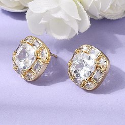 真鍮製パヴェキュービックジルコニア＆ガラススタッドピアス  正方形  ラックめっき  長持ちメッキ  カドミウムフリー＆鉛フリー  18KGP本金メッキ  14.5x15mm&nbsp;EJEW-G471-03G