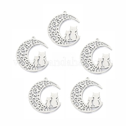 変色しない201ステンレススチールペンダント  猫とムーン  ステンレス鋼色  32.5x29x1.5mm  穴：1.5mm&nbsp;LS-STAS-N098-093P
