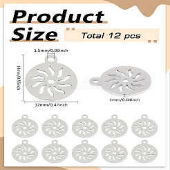 304ステンレススチールチャーム12個  太陽とフラットラウンド  ステンレス鋼色  14x12x1mm  穴：1.5mm&nbsp;STAS-LP0003-04