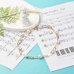 ガラスパールビーズネックレス  鉄製のクリップチェーン付き  ゴールドカラー  ホワイト  16.30インチ（41.4cm）&nbsp;NJEW-TA00005