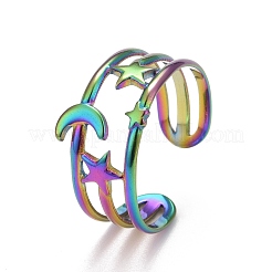 Rainbow Color Ion Plating(IP) 304 Stainless Steel Star and Moon Open Cuff Ring for Women&nbsp;RJEW-A005-26MC