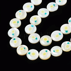 天然淡水シェルエナメルビーズ  花付きフラットラウンド  きいろ  11x3mm  穴：0.8mm  約32個/連  14.37インチ（36.5cm）&nbsp;SHEL-N026-194-06