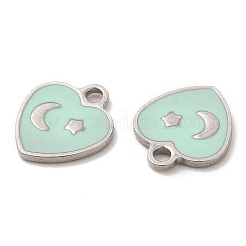 304ステンレススチールエナメルペンダント  月と星のチャームが付いたハート  ステンレス鋼色  11x10x1mm  穴：1.6mm&nbsp;STAS-M308-12P-02