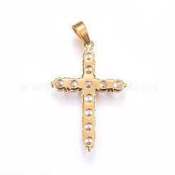304ステンレスペンダント  キュービックジルコニアとスナップオンベイル  クロス  透明  ゴールドカラー  37.5x25x3.5mm  穴：5x7mm&nbsp;STAS-E439-88G
