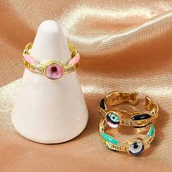 女性用真鍮マイクロパヴェクリアキュービックジルコニアエナメルカフリング  カドミウムフリー＆ニッケルフリー＆鉛フリー  目でフラットラウンド  18KGP本金メッキ  ミックスカラー  内径: 調節可能&nbsp;RJEW-L113-023G