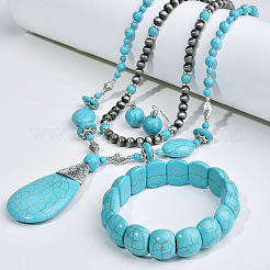 Teardrop Synthetic Turquoise Pendant Necklaces & Dangle Earrings & Stretch Bracelets Sets&nbsp;FS-WGCD8C0-01