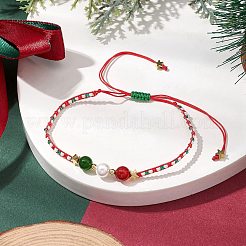 Christmas 6mm Round Dyed Natural TaiWan Jade & Natural Carnelian & Glass Seed Beads Braided Bead Bracelets&nbsp;BJEW-MZ00070-03