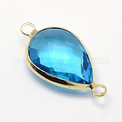 ゴールデントーン真鍮ガラスティアドロップリンクコネクター  ディープスカイブルー  21x11x5mm  穴：2mm&nbsp;GLAA-J010A-HF19-G