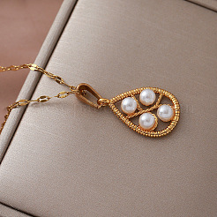 Vintage European 304 Stainless Steel & Imitation Pearl Teardrop Pendant Necklaces for Women&nbsp;NU2800