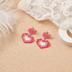 Glass Seed Braided Double Heart Dangle Stud Earrings&nbsp;EJEW-MZ00017