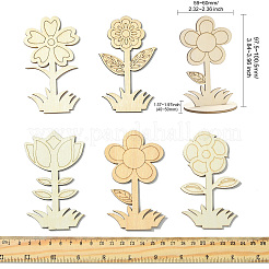 6 スタイル DIY 未完成の木の花の切り抜き  スロット付き  クラフト絵画用品用  フラワーウッドチップ30個  ベース30個  バリーウッド  59~60x40~50x97.5~100mm&nbsp;WOOD-CJ0002-30