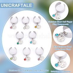 8Pcs 8 Color Birthstone Rhinestone & 201 Stainless Steel Flat Round Charm Rings Set&nbsp;RJEW-AB00004
