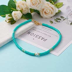 ポリマークレイヘイシビーズネックレス  ラウンドガラスパールビーズ付き  真鍮製スペーサービーズと引き輪  ターコイズ  17-7/8インチ（45.5cm）&nbsp;NJEW-JN03214-03