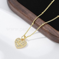 Brass Micro Pave Clear Cubic Zirconia Heart with Key Pendant Necklaces for Women&nbsp;NJEW-M088-02G-01