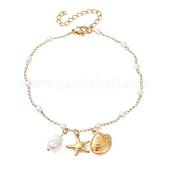 Ocean 304 Stainless Steel and Imitation Pearl Charm Anklets for Women&nbsp;SA-CBA3D94-04B-G