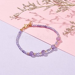天然アメジストビーズのブレスレット  キュービックジルコニアビーズ＆真鍮ビーズ付き  7-5/8インチ（19.5cm）&nbsp;BJEW-JB06518-03